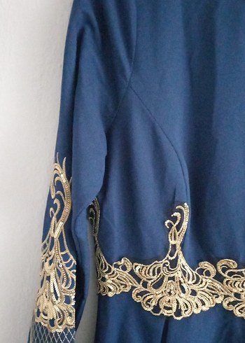 Uzun Kollu Nakışlı Mavi Uzun Elbise - Görsel 8