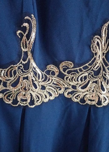 Uzun Kollu Nakışlı Mavi Uzun Elbise - Görsel 6