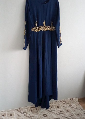 Uzun Kollu Nakışlı Mavi Uzun Elbise - Görsel 2