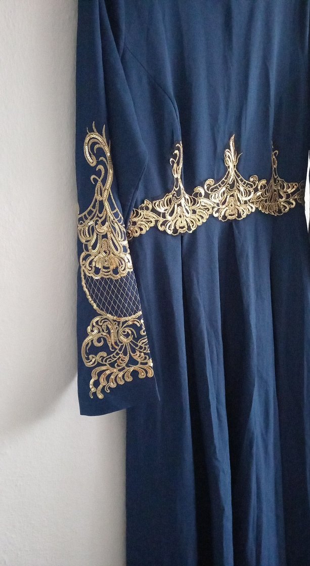Uzun Kollu Nakışlı Mavi Uzun Elbise - Görsel 4
