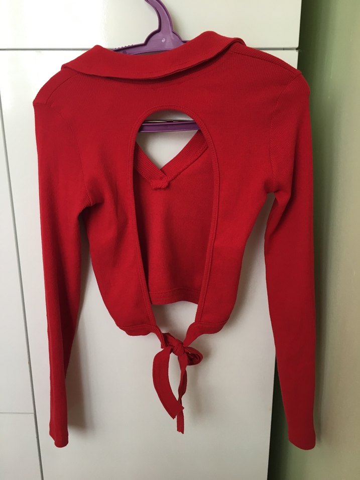 Kırmızı V Yaka Kemerli Kadın Sweatshirt - Görsel 2