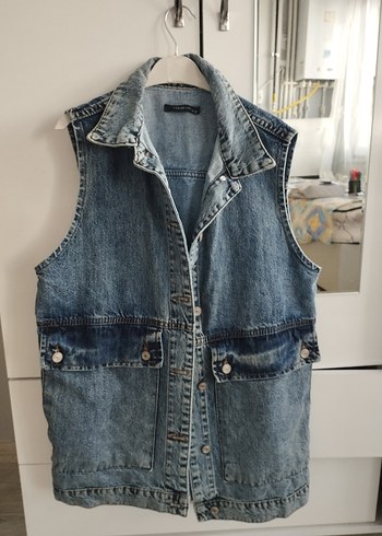 38 Beden gri Renk Kolsuz Denim Ceket