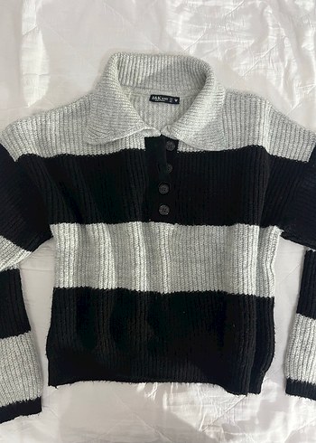 Gri Siyah Çizgili Örgü  Kazak - Görsel 2