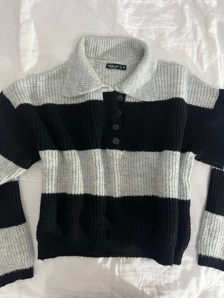 Gri Siyah Çizgili Örgü  Kazak - Görsel 2