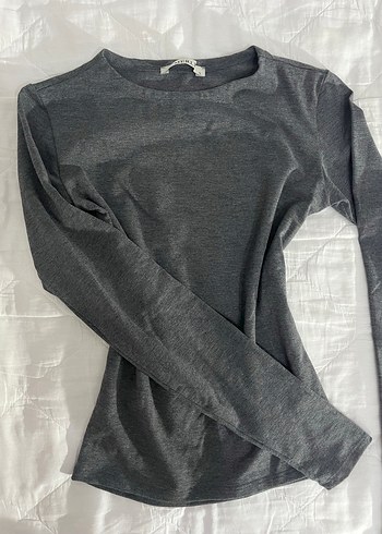 Gri Kadın Uzun Kollu Keten Basic Tişört - Görsel 3