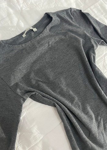 Gri Kadın Uzun Kollu Keten Basic Tişört - Görsel 2