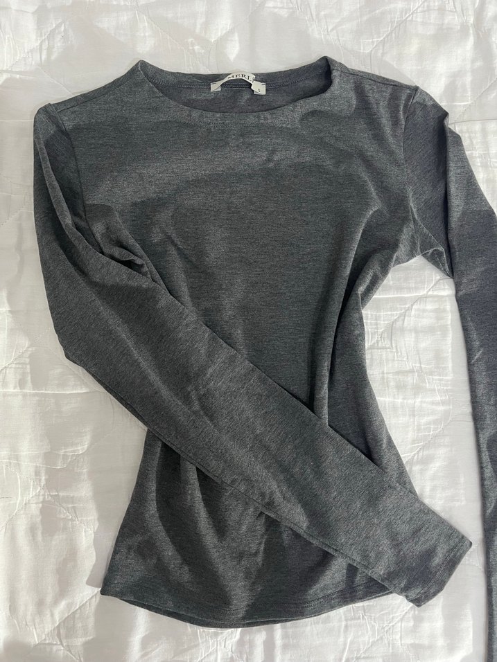 Gri Kadın Uzun Kollu Keten Basic Tişört - Görsel 3