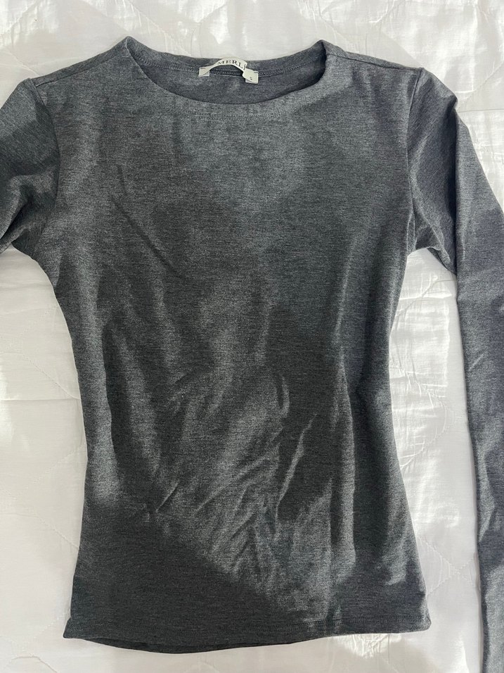 Gri Kadın Uzun Kollu Keten Basic Tişört - Görsel 4