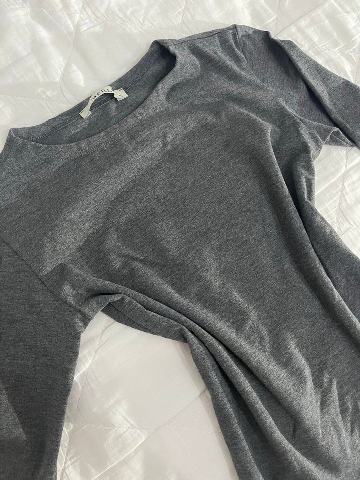 Gri Kadın Uzun Kollu Keten Basic Tişört - Görsel 2