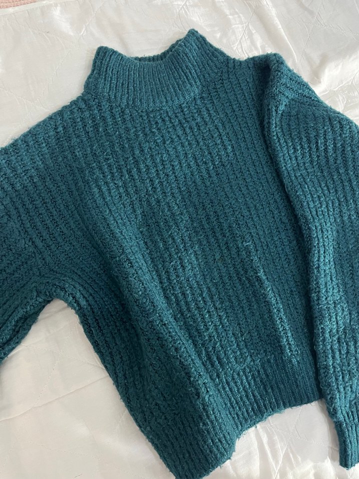 Kadın Koyu Yeşil Yüksek Yakalı Triko Kazak - Görsel 2