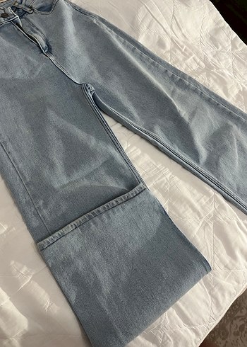 Düğmeli Gri Normal Boy Bol paça Bayan Denim Pantolon - Görsel 2