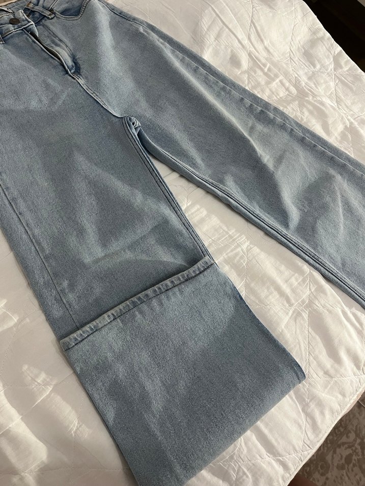 Düğmeli Gri Normal Boy Bol paça Bayan Denim Pantolon - Görsel 2