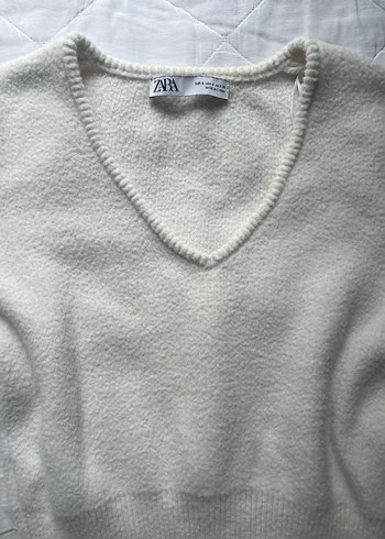 Zara beyaz V Yakalı Kadın Triko Kazak - Görsel 3