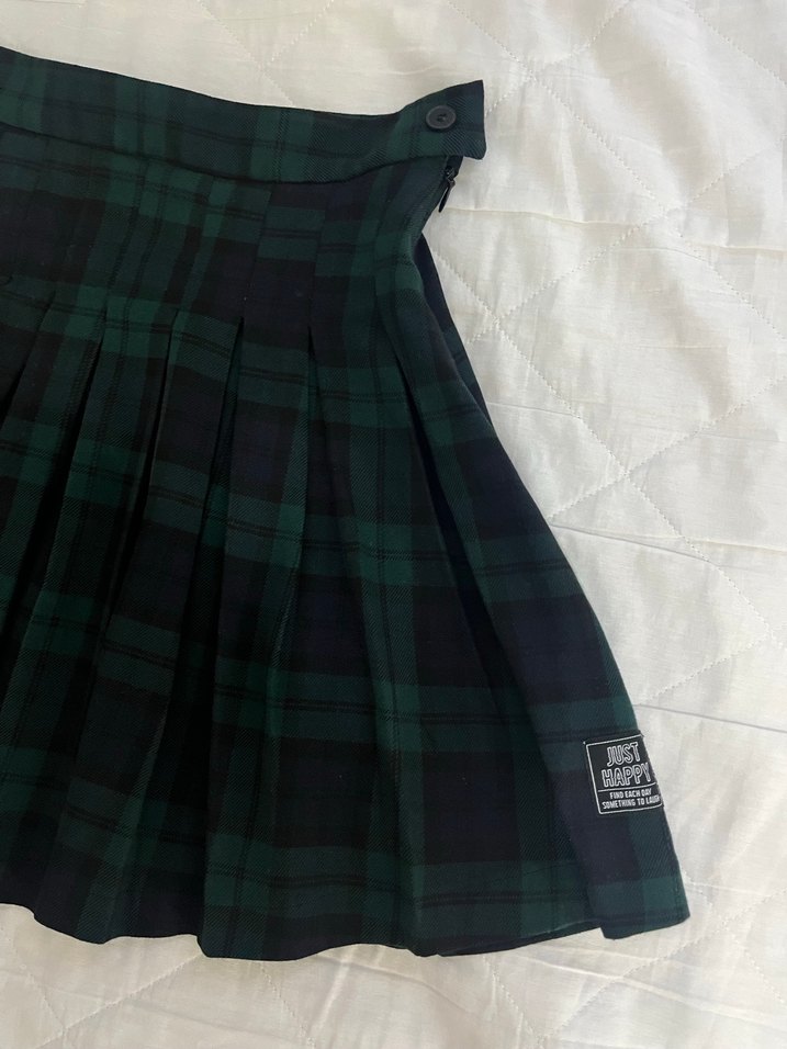 Yeşil Kareli Pilili  Etek - Görsel 5