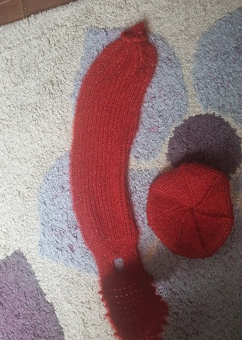 Kız Çocuk Örgü Kırmızı Eldiven ve Bere - Görsel 2