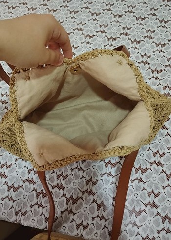 Bej Dantel Detaylı Bohem Örgü Çanta