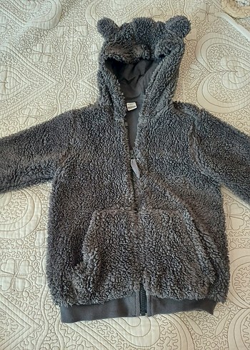 Kapüşonlu Gri Erkek Çocuk Peluş Mont - Görsel 2