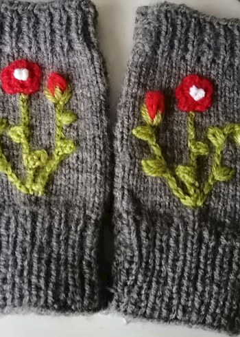 Gri Bohem Nakışlı Örgü Kadın Eldiven - Görsel 2