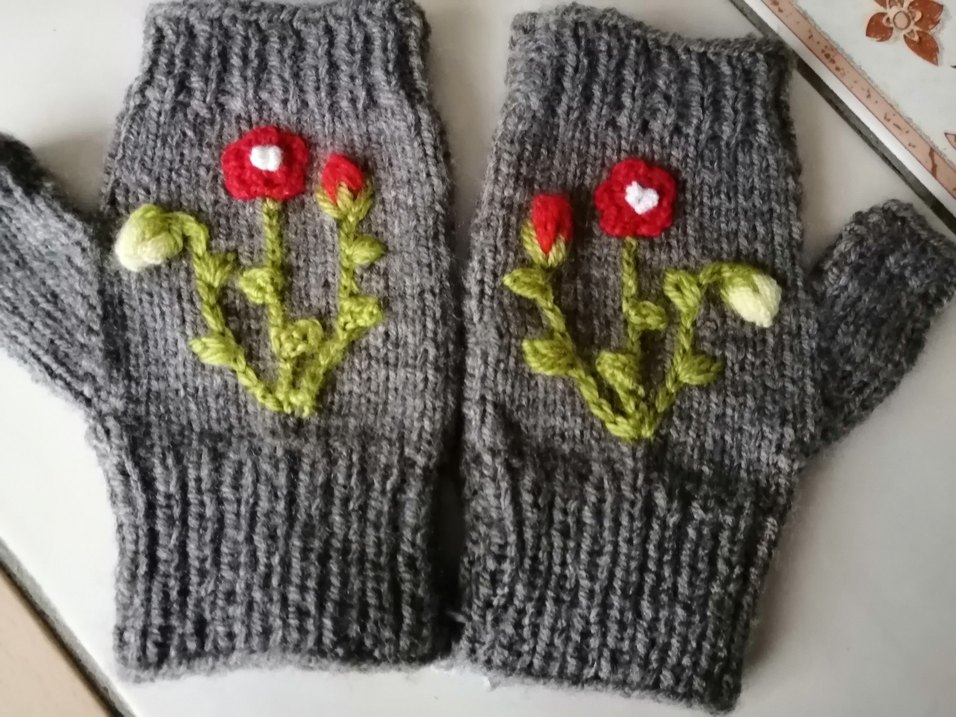 Gri Bohem Nakışlı Örgü Kadın Eldiven - Görsel 2