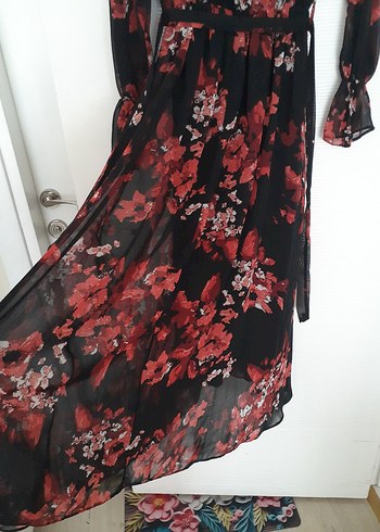 Bordo Çiçek Desenli Uzun Bohem Elbise - Görsel 6