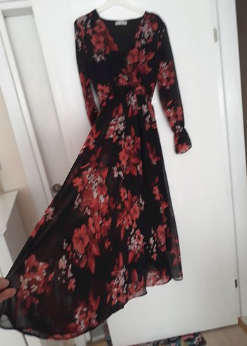 Bordo Çiçek Desenli Uzun Bohem Elbise - Görsel 3