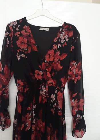 Bordo Çiçek Desenli Uzun Bohem Elbise - Görsel 2