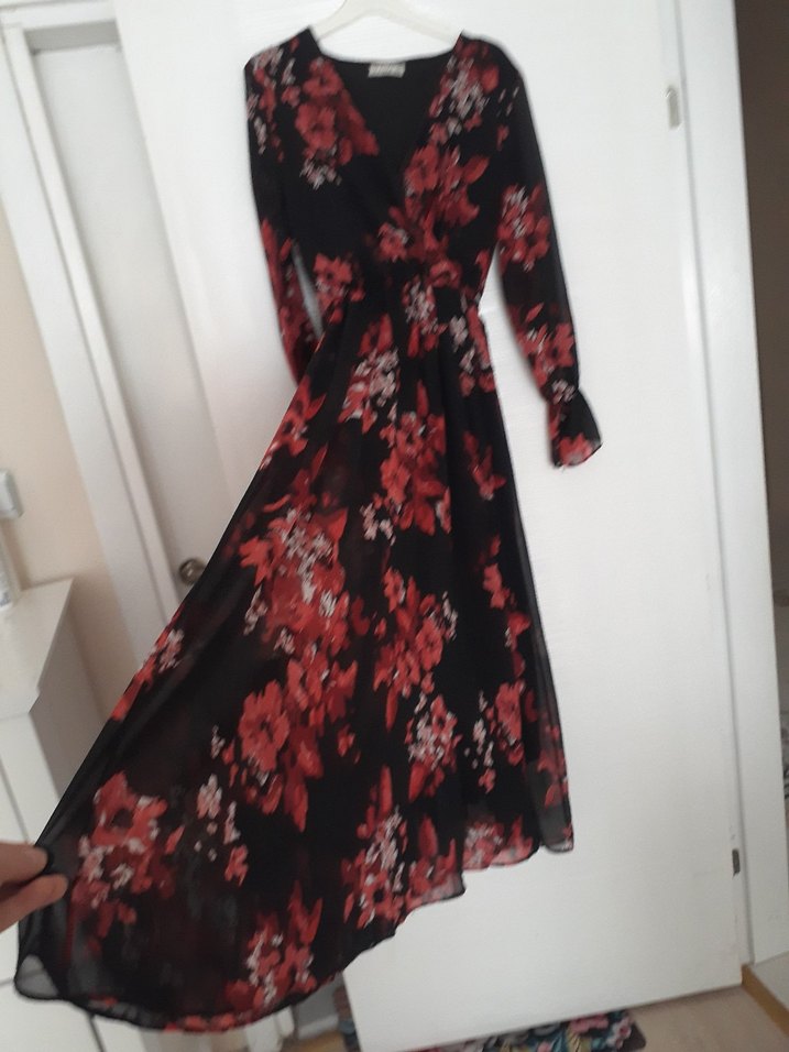 Bordo Çiçek Desenli Uzun Bohem Elbise - Görsel 3