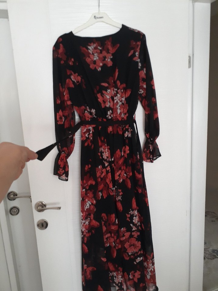 Bordo Çiçek Desenli Uzun Bohem Elbise - Görsel 5