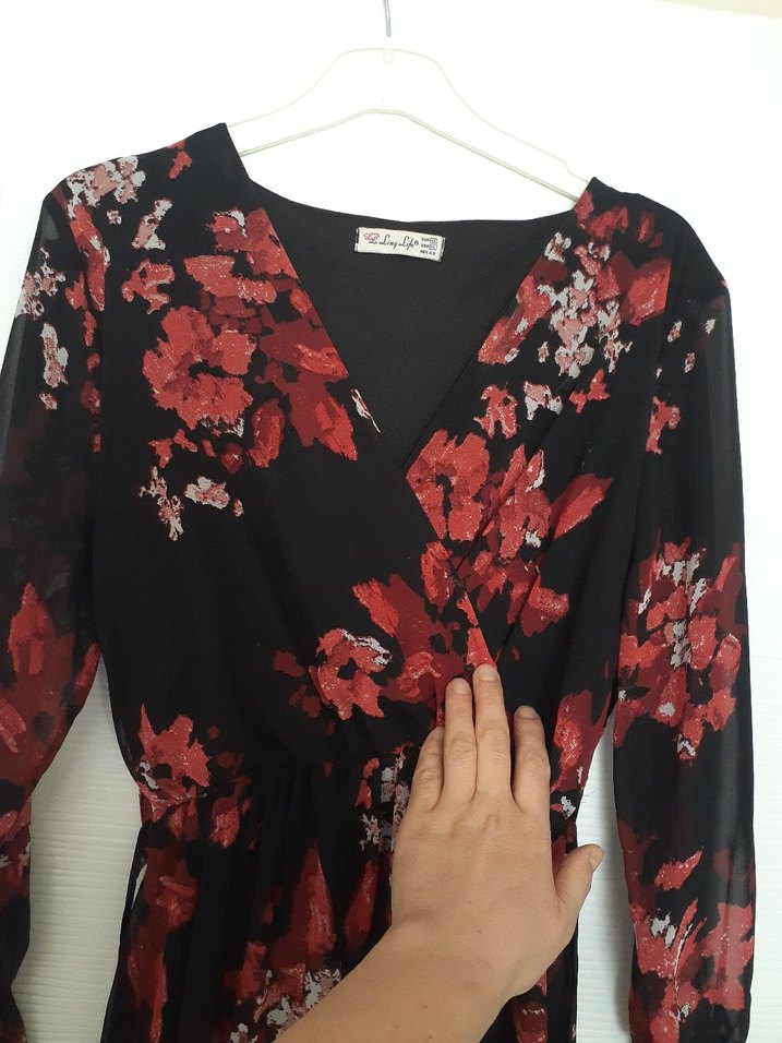 Bordo Çiçek Desenli Uzun Bohem Elbise - Görsel 4