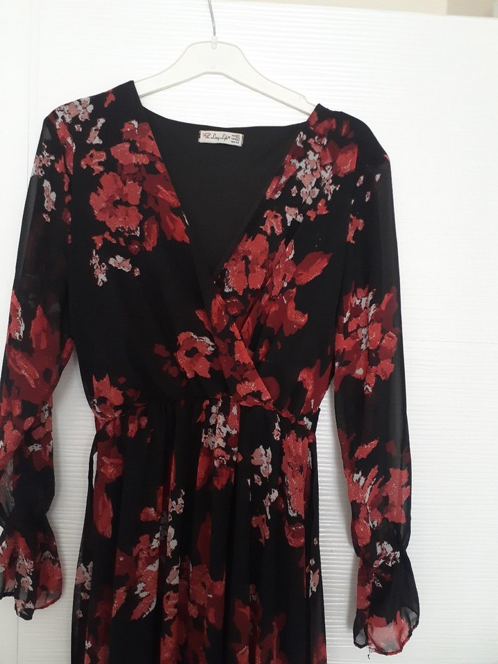 Bordo Çiçek Desenli Uzun Bohem Elbise - Görsel 2