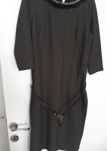 Siyah Midi Ofis Elbisesi, Kemerli, Regular Fit - Görsel 3