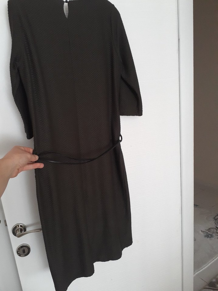 Siyah Midi Ofis Elbisesi, Kemerli, Regular Fit - Görsel 5