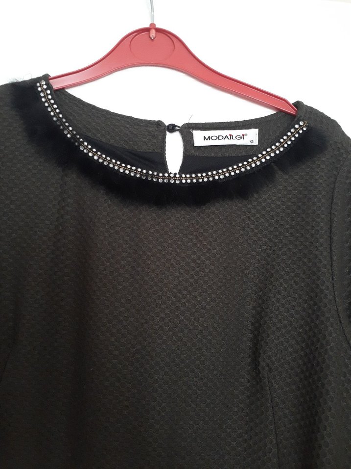 Siyah Midi Ofis Elbisesi, Kemerli, Regular Fit - Görsel 2