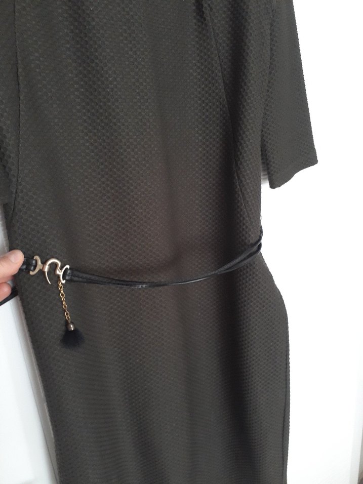 Siyah Midi Ofis Elbisesi, Kemerli, Regular Fit - Görsel 4