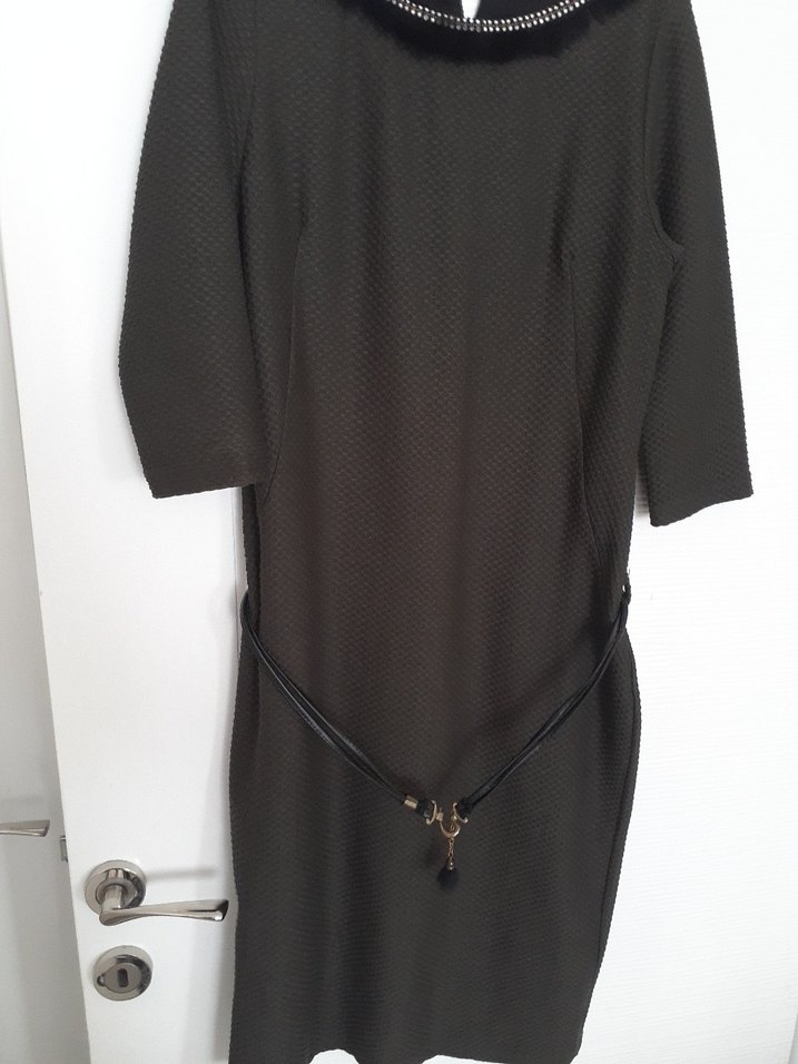 Siyah Midi Ofis Elbisesi, Kemerli, Regular Fit - Görsel 3