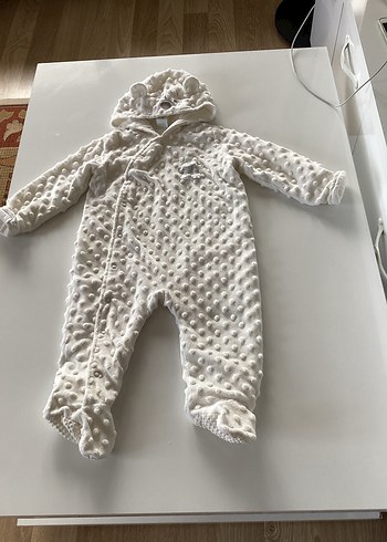 Kapüşonlu Beyaz Örgü Bebek Tulumu - Görsel 3