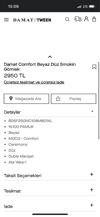 m Beden beyaz Renk ORJİNAL DAMAT TWEEN DAMATLIK GÖMLEK