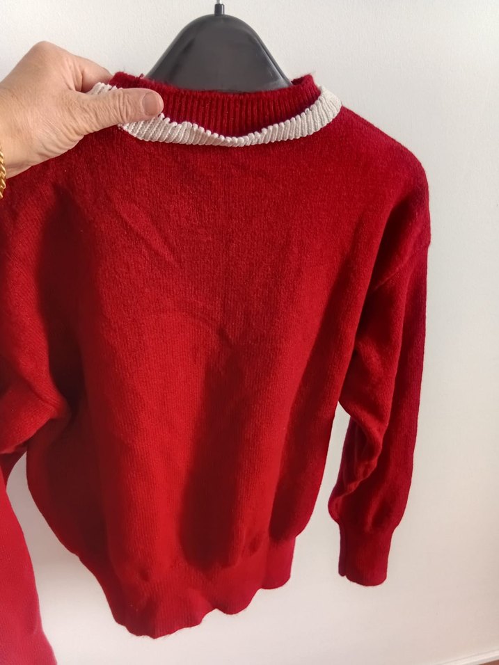 Kırmızı Nakışlı Triko Kadın Kazak - Görsel 2