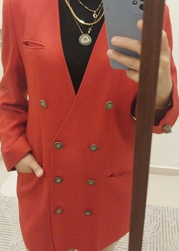 Kadın Kırmızı Düğmeli Blazer Ceket - Görsel 8