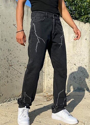 Baggy şimşekli desen kot pantolon 