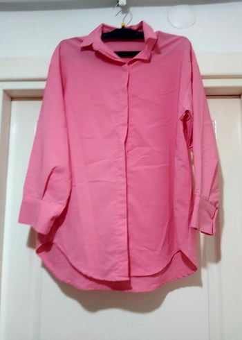 Pembe Düğmeli Uzun Kollu Salaş Kadın Gömlek