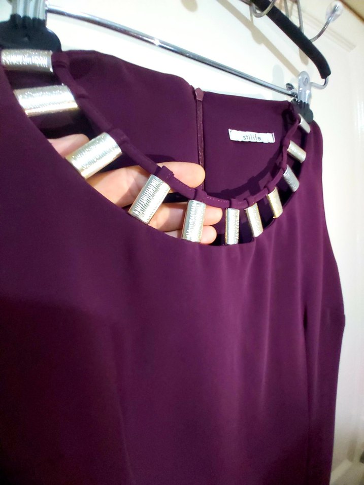 Detaylı Mor Midi Elbise - Görsel 3