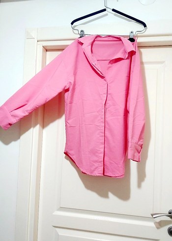 Pembe V Yaka Düğmeli Kadın Gömlek - Görsel 7