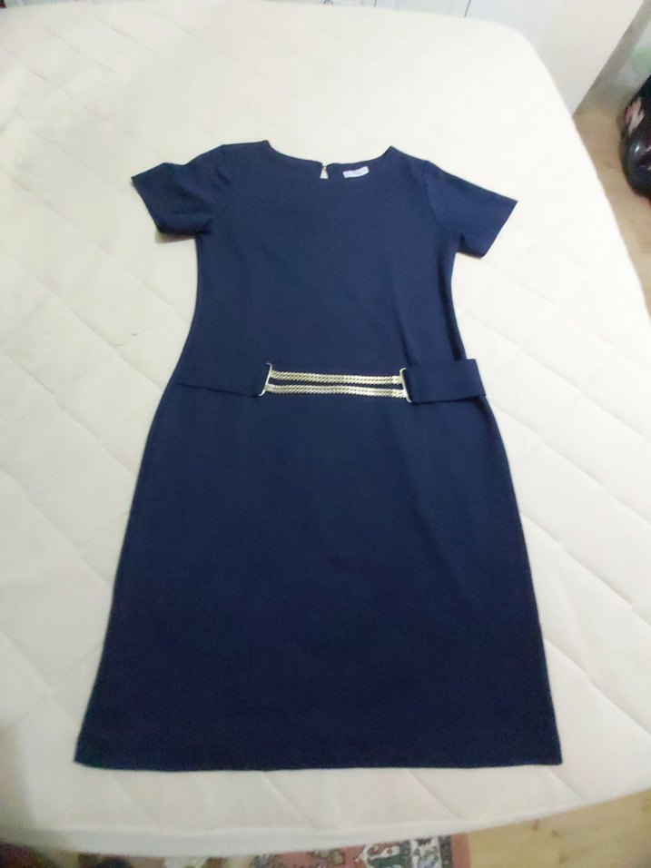 Kemer Detaylı Kısa Kollu Lacivert Kalem Elbise - Görsel 2