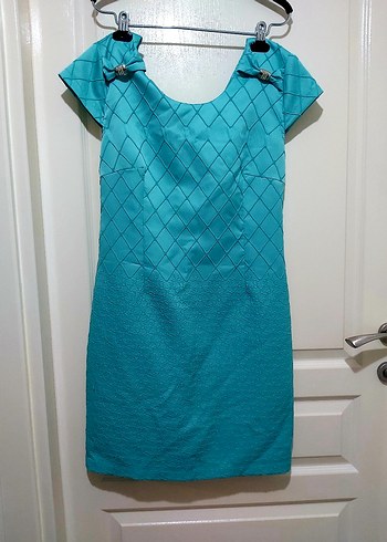 Turkuaz V Yakalı Midi Kadın Elbise - Görsel 2