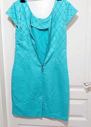 Turkuaz V Yakalı Midi Kadın Elbise - Görsel 4