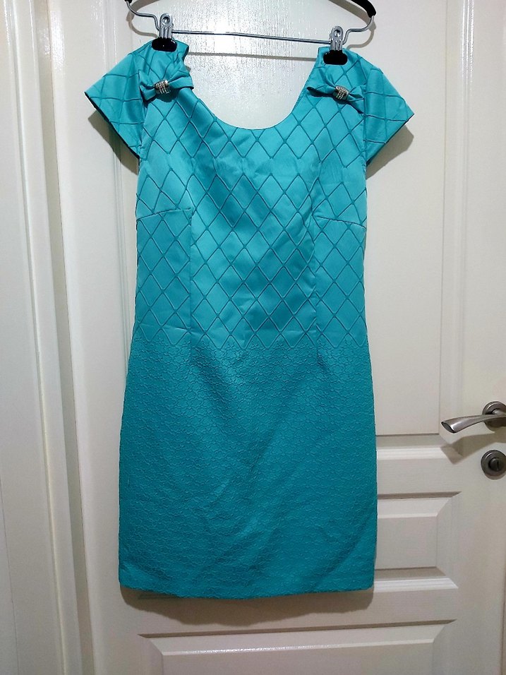 Turkuaz V Yakalı Midi Kadın Elbise - Görsel 2