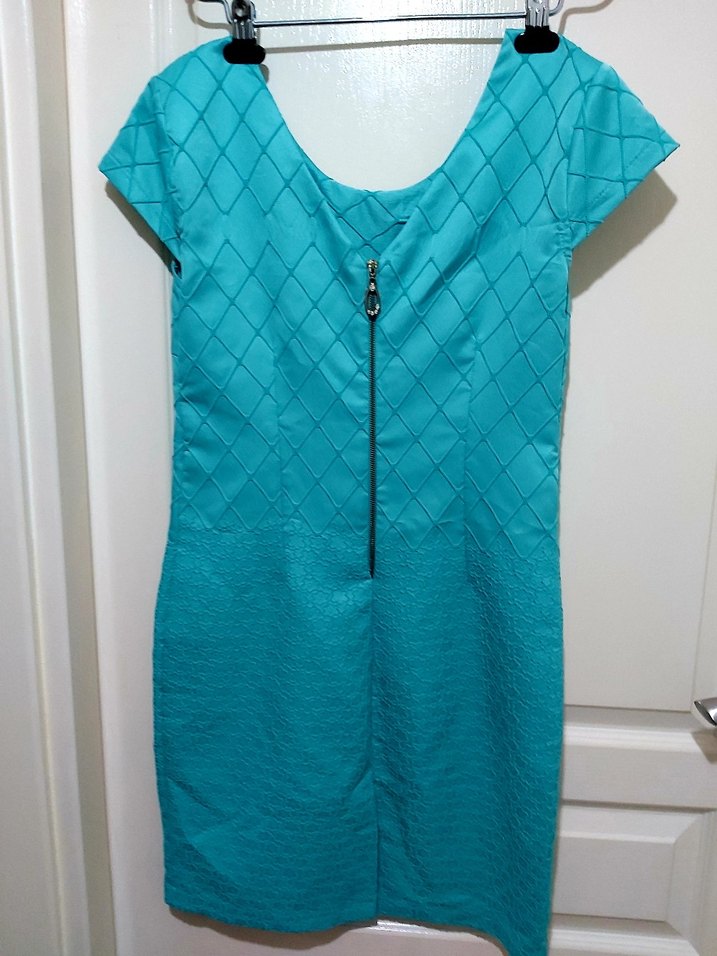 Turkuaz V Yakalı Midi Kadın Elbise - Görsel 3