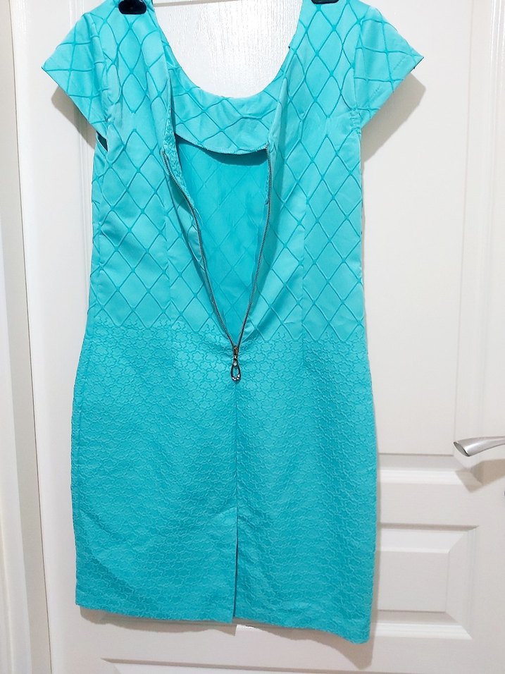 Turkuaz V Yakalı Midi Kadın Elbise - Görsel 4