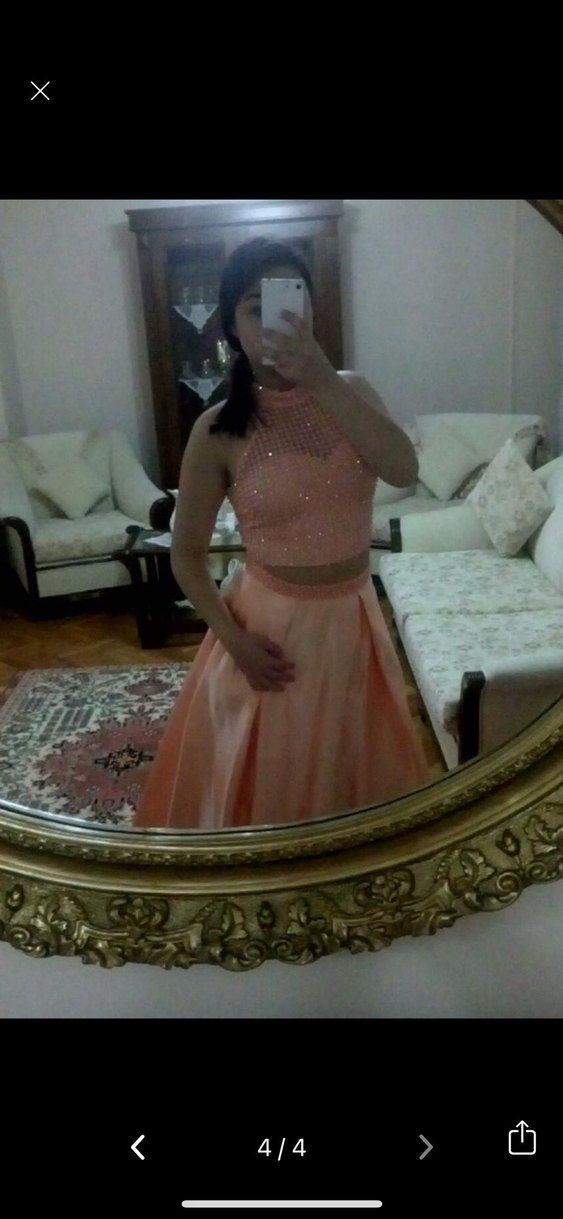 Kolsuz Mini Payetli Bej Abiye Elbise - Görsel 3